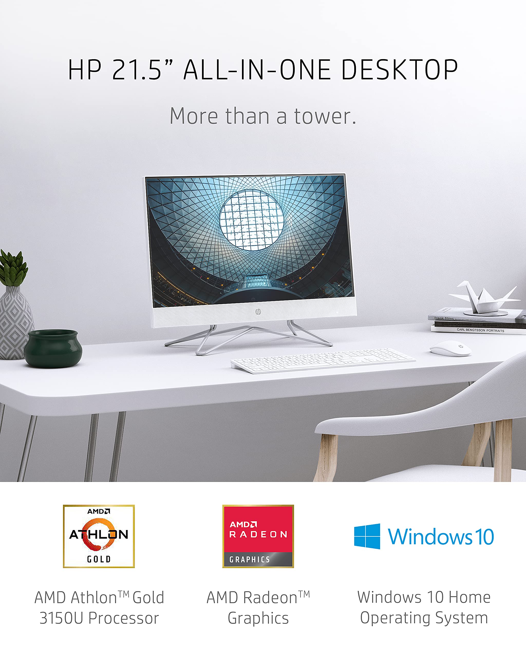 HP 22 All-in-One PC, AMD Athlon Gold 3150U Processor, 4 GB RAM, 256 GB SSD, Full HD IPS 21.5-inch Anti-glare Display, Windows 10 Home, USB Mouse and Keyboard (22-df0022, 2020)