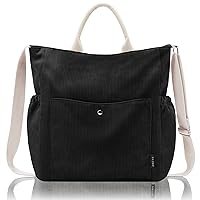 Corduroy Tote Bag for Women, Large Zippered Messenger Bag with Pockets, Hobo Handbag for Shopping, Work, College
