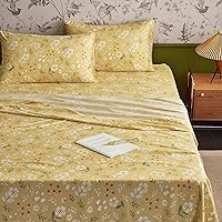 Wake In Cloud - Queen Size Bed Sheets, 4-Piece Sheet Set, Deep Pocket, Floral Shabby Chic Botanical Coquette White Beige Flowers on Yellow, Soft Microfiber Patterned Printed Bedding