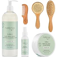 Natemia Wooden Baby Hair Brush Set + Skincare Set - Bathtime Skincare - Perfect Baby Registry Gift