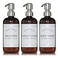 Amber Refillable Shampoo and Conditioner Bottles - Body Wash, Shampoo and Conditioner Dispenser - PET Plastic Shampoo Bottles Refillable with Pump - Waterproof Labels - 16 oz, 3 Pack (Stainless Steel)