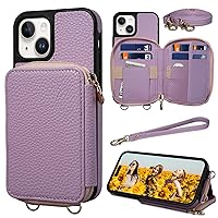 Keallce Compatible with iPhone 15 6.1 inch Case Wallet, Crossbody Zipper with RFID Blocking Card Slots Kickstand, Lanyard & Handstrap Flip Folio Leather Cover for iPhone 15 2023, Purple