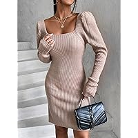 TLULY Sweater Dress for Women Square Neck Puff Sleeve Sweater Dress Without Belt Sweater Dress for Women (Color : Apricot, Size : Small)