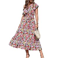 NOLLSOM Casual Women Summer Dresses 2023 One Shoulder Maxi Dress Sleeveless Ruffle Layered Boho Floral Beach Long Dresses