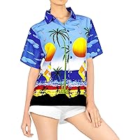 LA LEELA Button Down Shirt for Women Casual Summer Beach Party Short Sleeve Blouse Shirt Tropical Colorful Blouses Hawaiian Dresses for Women M Plus-Size Seashore, Royal Blue