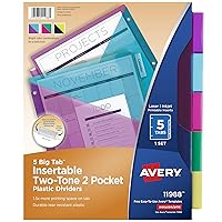 Avery Big Tab Insertable Plastic 2 Pocket Dividers for 3 Ring Binders, 5 Tab Set, Bright Two-Tone Multicolor, Works with Sheet Protectors, 1 Set (00031)