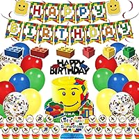 60pcs Buil-ding Block Themed Party Supplies Including Happy Birthday Banners,Cake Topper, Cupcake Topper, Honeycomb, Hanging Swirls and Balloons,Birthday Party Decorations for Boys and Girls