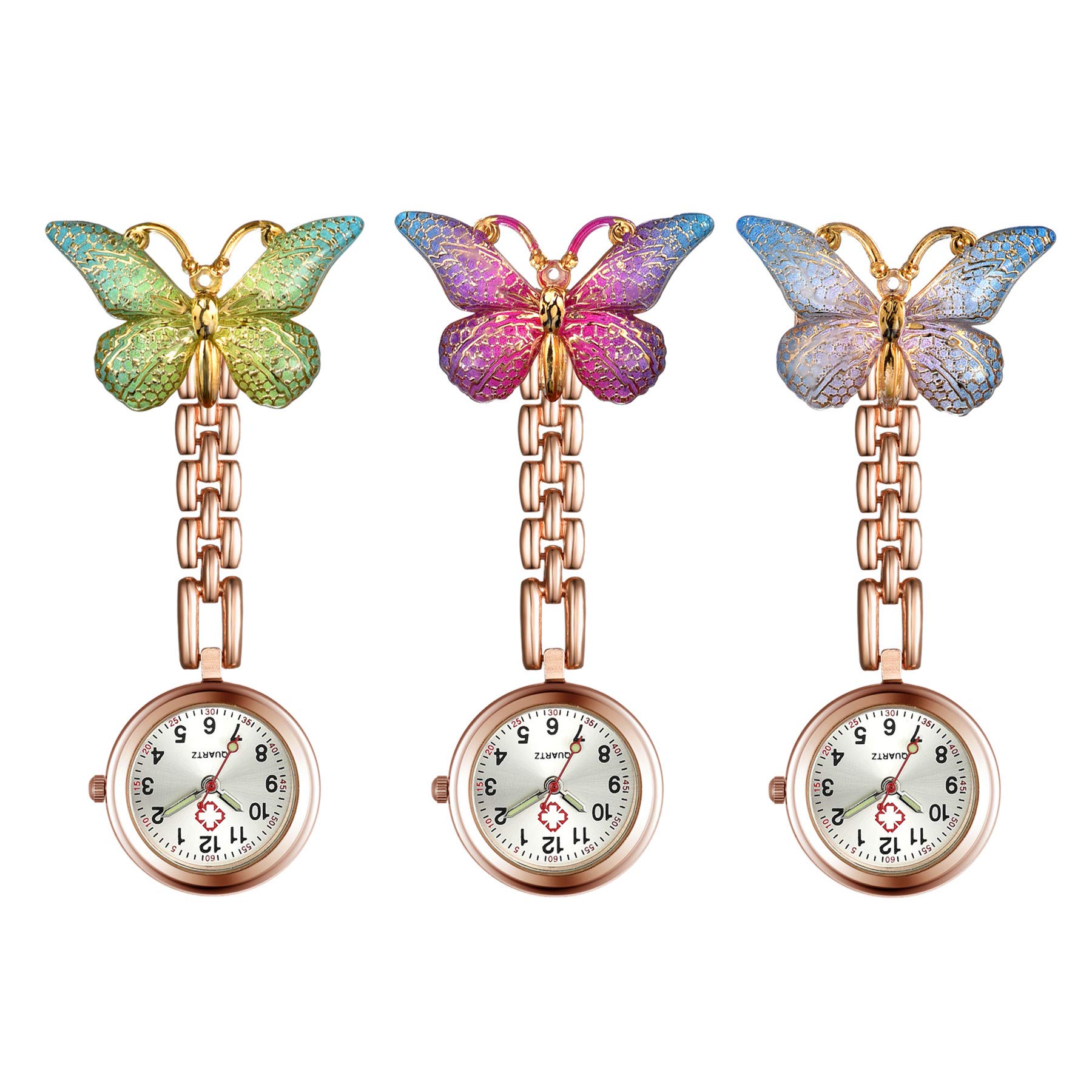 1-3 Pack Women Girl Butterfly Brooch Nurse Watch Pin-On with Secondhand Stethoscope Lapel Fob Pocket Badge Watches for Doctor Nurse Easy to Read