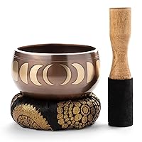 Singing Bowl Set with Wooden Mallet and Cushion, Brass – Unique, Tibetan Bowls for Meditation with Phases of Moon Design - Lightweight Bowl - Exquisite Spiritual Decor for Home, Yoga Studio