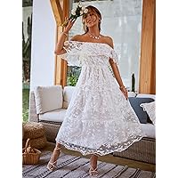 Women's Dress Floral Embroidered Off Shoulder Ruffle Trim Dress (Color : White, Size : Small)