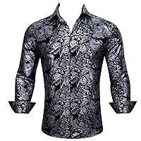 Silk Mens Shirts Long Sleeve Gold Black Flower Embroidered Slim Fit Male Blouse Casual Turn Down Collar Tops Party