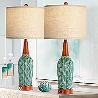 Vintage Table Lamps for Living Room Set of 2, Retro Bedside Lamp for Bedroom with USB Port, MCM Teal Ceramic 3-Way Dimmable Nightstand Lamp with Oatmeal Linen Shade (Bulb Included)