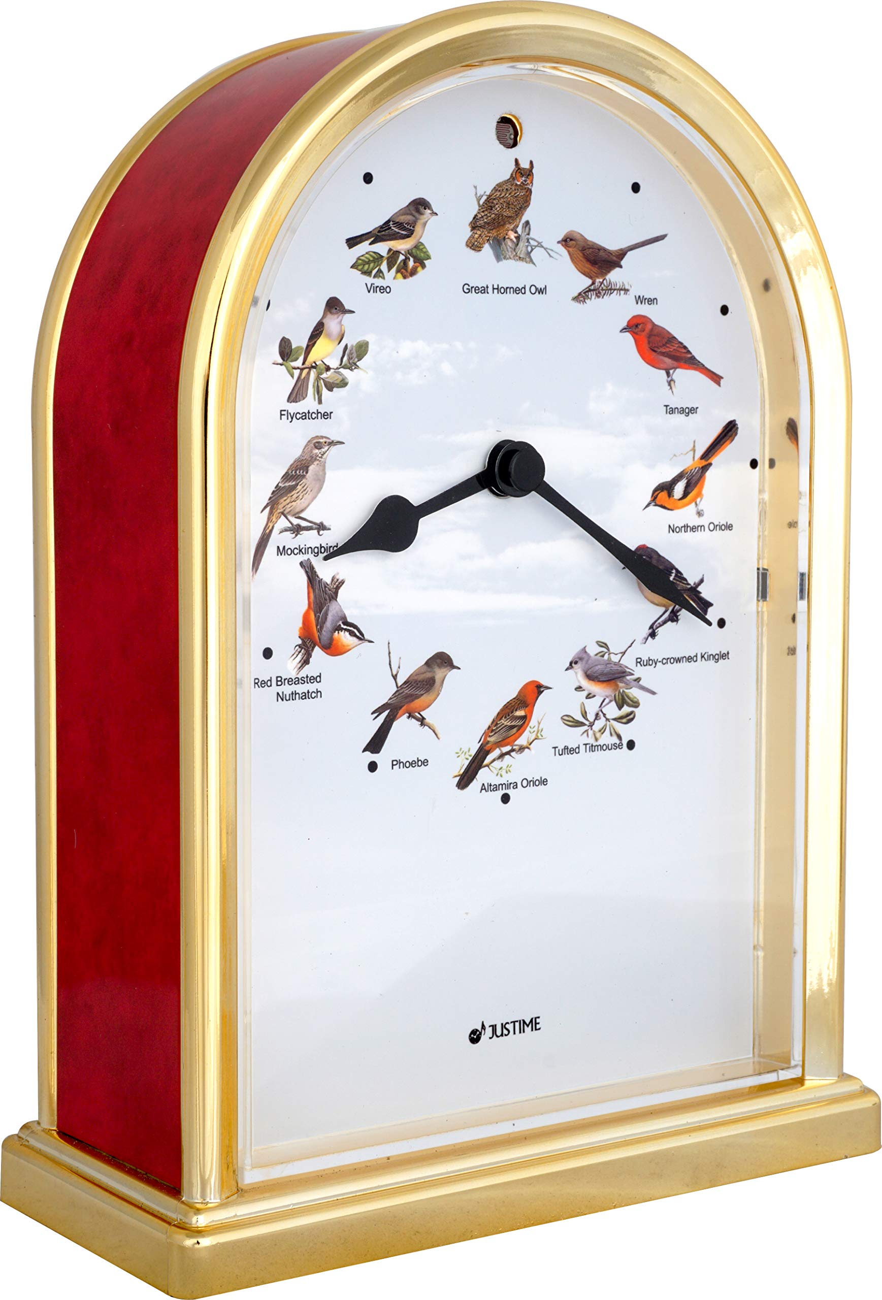 JUSTIME 7.5 inch Tall OWL Lovely Collection Plays 12 Popular Bird's Songs Table Clock Home Deco Multi-Color Unique Gift Selection (TCBD-O-RM-G)