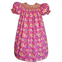 Hand Smocked Baby Girls Bishop Dress in Hot Pink Floral Fabric