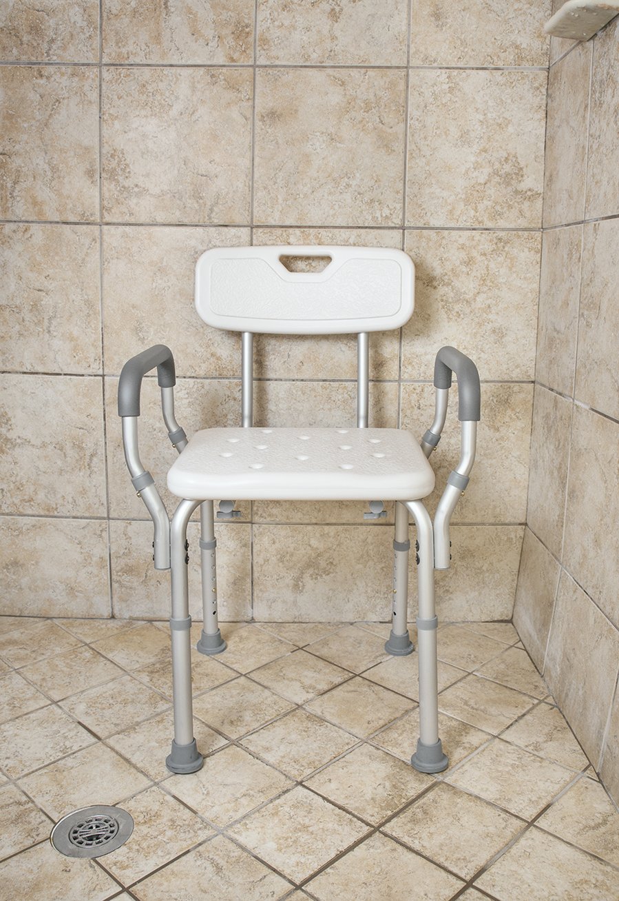 Essential Medical Supply Height Adjustable Shower and Bath Bench with Padded Arms, Contoured Back and Textured Shower Chair Seat