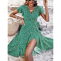 Women's Dress Dresses for Women Polka Dot Print Butterfly Sleeve Knot Side Ruffle Trim Wrap Dress (Color : Green, Size : Large)