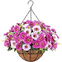 Artificial Hanging Flowers with Basket, Fake Silk Hanging Flowers in Coconut Lining Basket Artificial Hanging Plants Outdoors Indoors for Spring Garden Porch Patio Home Decor, Fuchsia