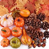 FEPITO 56 Pcs Fall Thanksgiving Decorations, Mini Artificial Pumpkins, Pine Cones, Fall Leaves, Acorns for Fall Party Decorations, Autumn Decorating Kit Halloween Thanksgiving Party Supplies