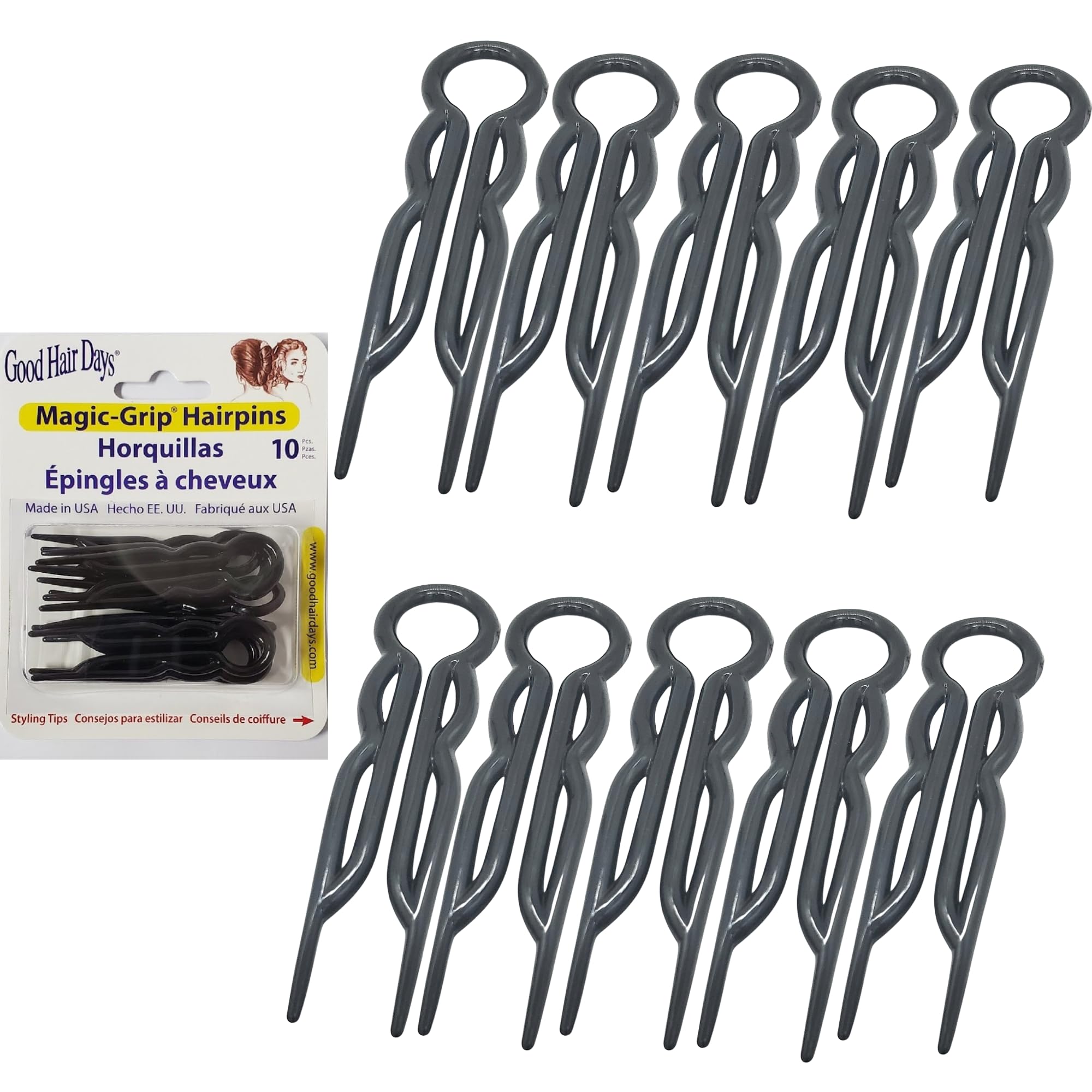 Good Hair Days Hair Pins - Plastic, U-shaped Magic Grip Hairpins, Strong Durable Pins For Fine, Thick & Long Hair, Hair Styling Accessories, Set of 10 (Black)