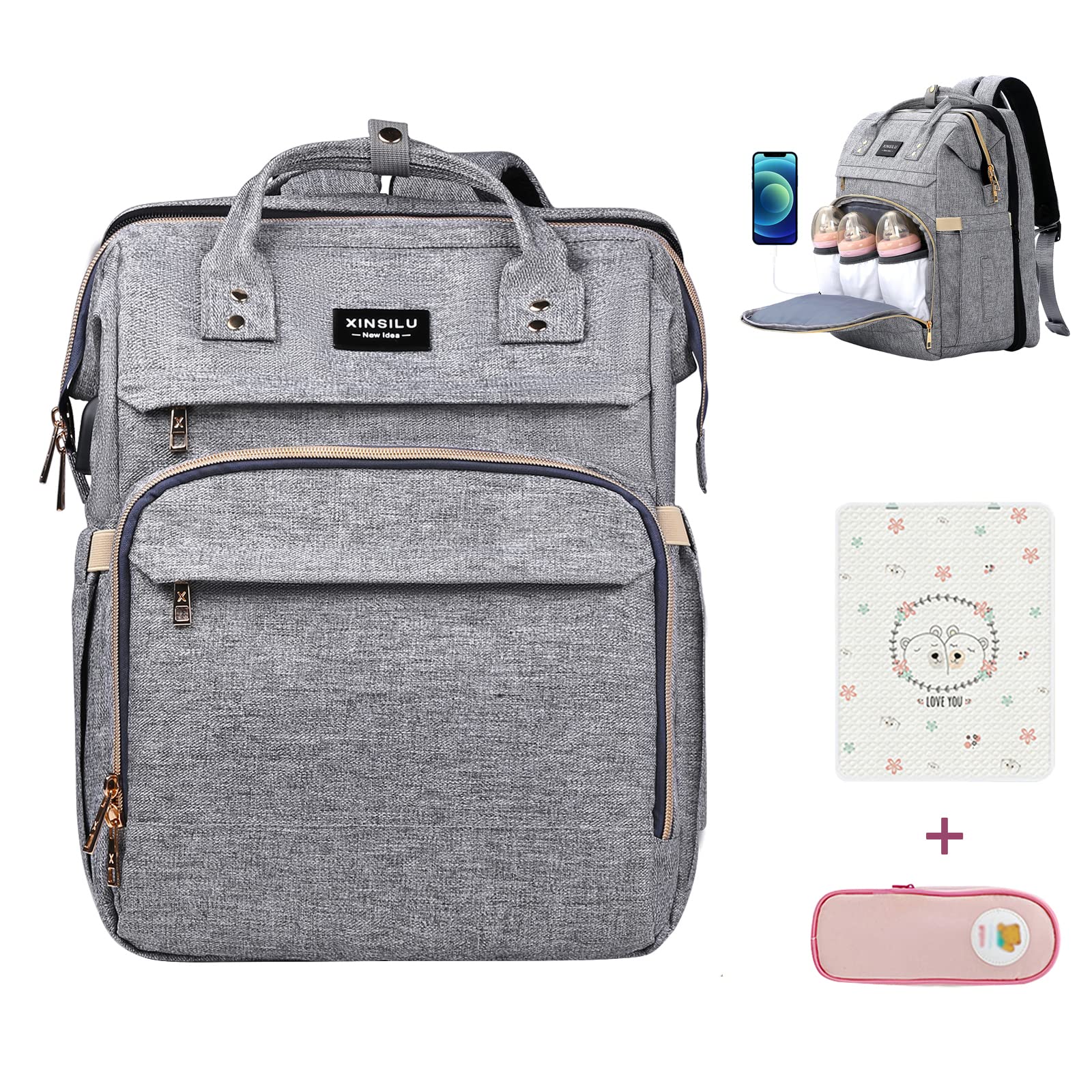 Xinsilu Diaper Bag Backpack Large Baby Diaper Bags for Boys & Girls with Changing Station,Changing Bags Baby Registry Search Waterproof Stylish Newborn Baby Essential Gifts Lightg Grey