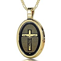 Crucifix Necklace with 24k Gold Inscribed Matthew 27 on Black Onyx Stone, 18