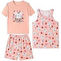 Vopmocld Teens Girls 3 Pieces Short Sleeve Shirts and Sleeveless Tank Tops with Shorts Pajama Sets Cartoon Sleepwear Jammies