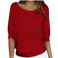 Women Solid Knitted Tops Casual Long Sleeve Crewneck Pullover Sweater Winter Trendy Comfy Loose Fit Blouses Going Out Shirts