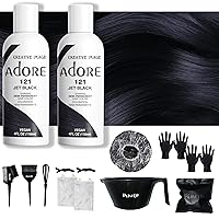 2 PACK - Adore Jet Black 121 Hair Color 4 Fl Oz - plus PINELO Bundle - 16 in 1 - Complete Hair Coloring Kit, Mixing Bowl, Brushes, Clips, Disposable Gloves, Storage Bag - DIY Hairdressing Supplies