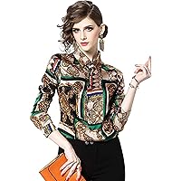 LAI MENG FIVE CATS Women's Baroque Chain Print Shirt Regular Fit Button Down Casual Blouse Tops