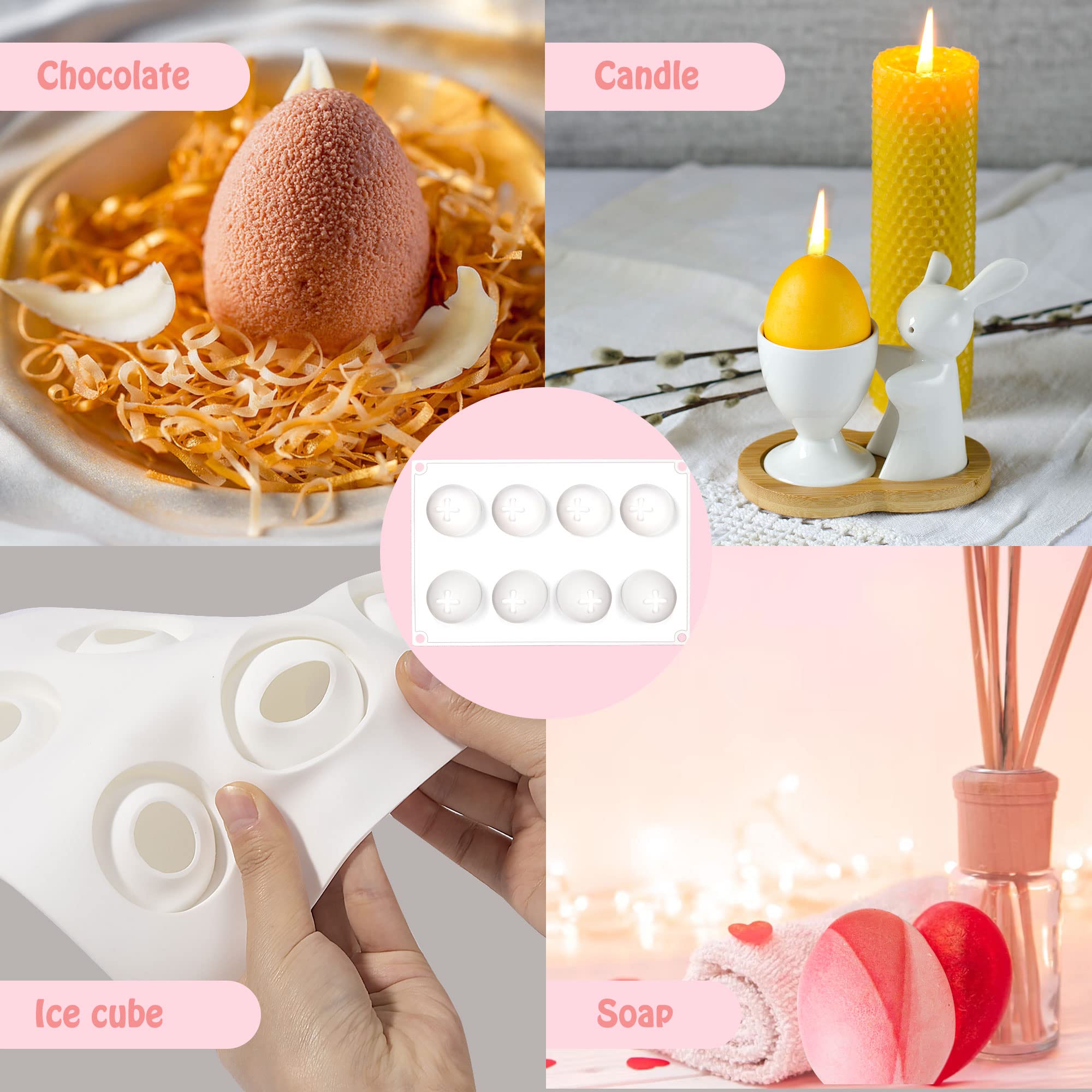 ONNPNN 8 Cavity Easter Egg Silicone Mold, Egg Shape Chocolate Candy Fondant Molds, 3D Food Shape French Dessert Moulds, Creative Easter Eggs Ice Cube Baking Tray for Soap Resin Lotion Bar