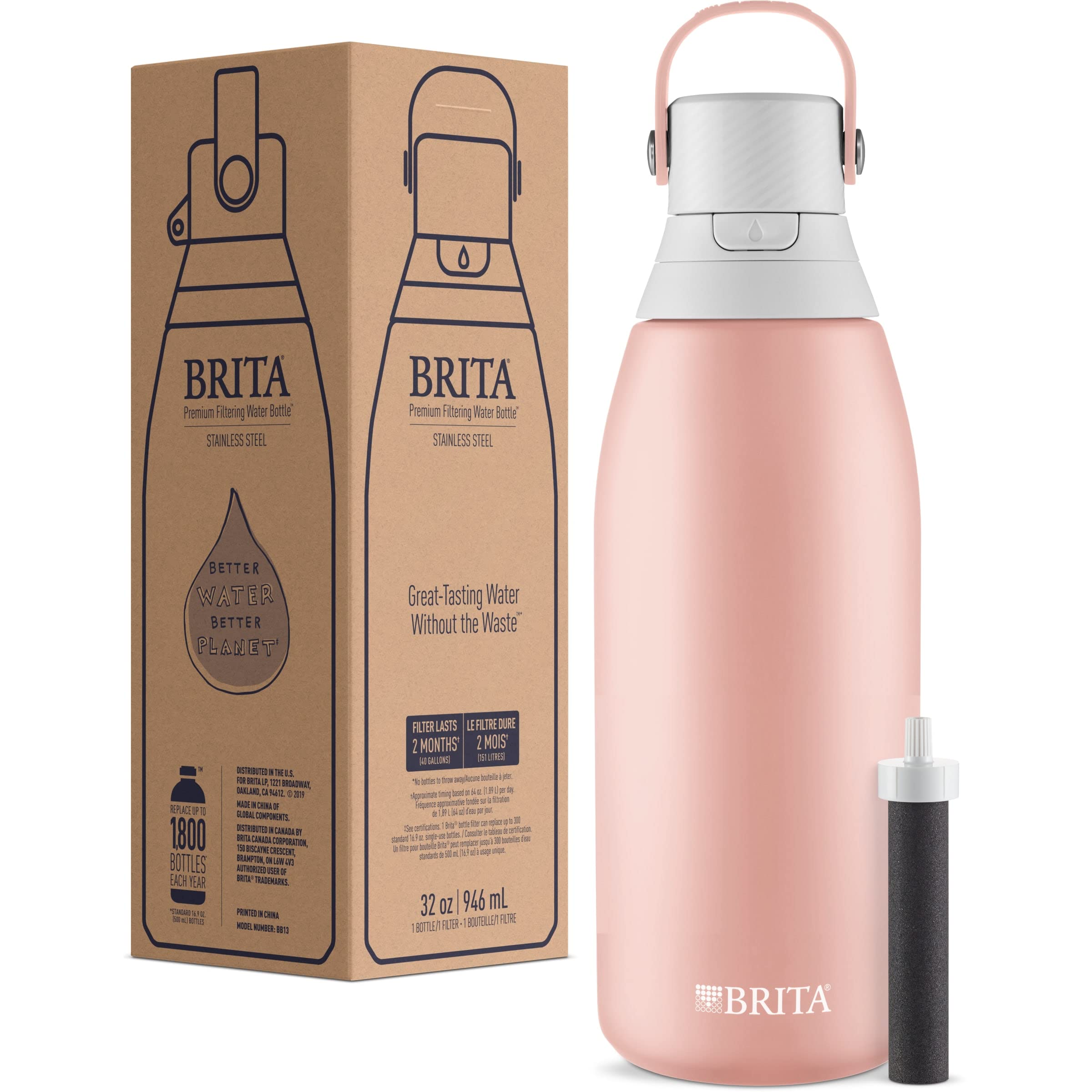 Brita Insulated Filtered Water Bottle with Straw, Reusable, Stainless Steel Metal, Rose, 32 Ounce