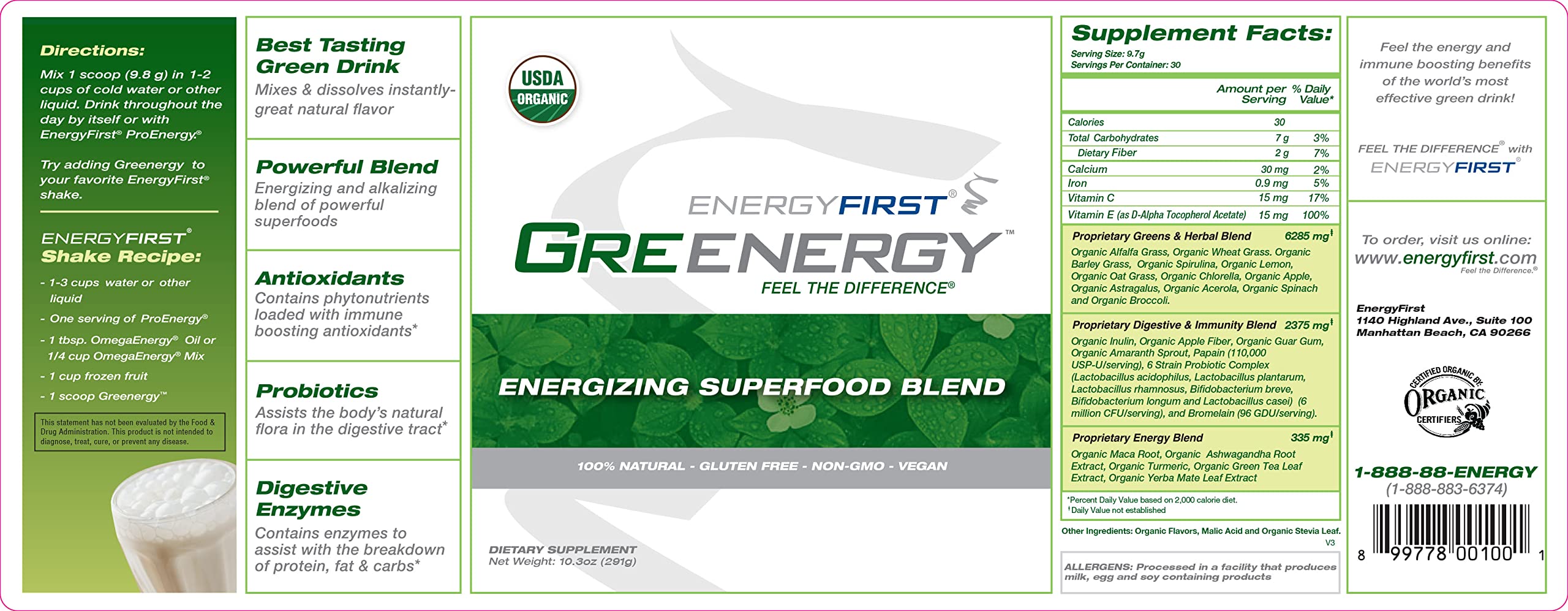 EnergyFirst Greenergy Greens Superfood Powder – Super Greens Juice/Smoothie Mix – Digestive Enzymes (Chlorophyll, Spirulina) – Vegan Hydration Drink/Organic Energizing Dietary Supplement – 10.48 Ounce