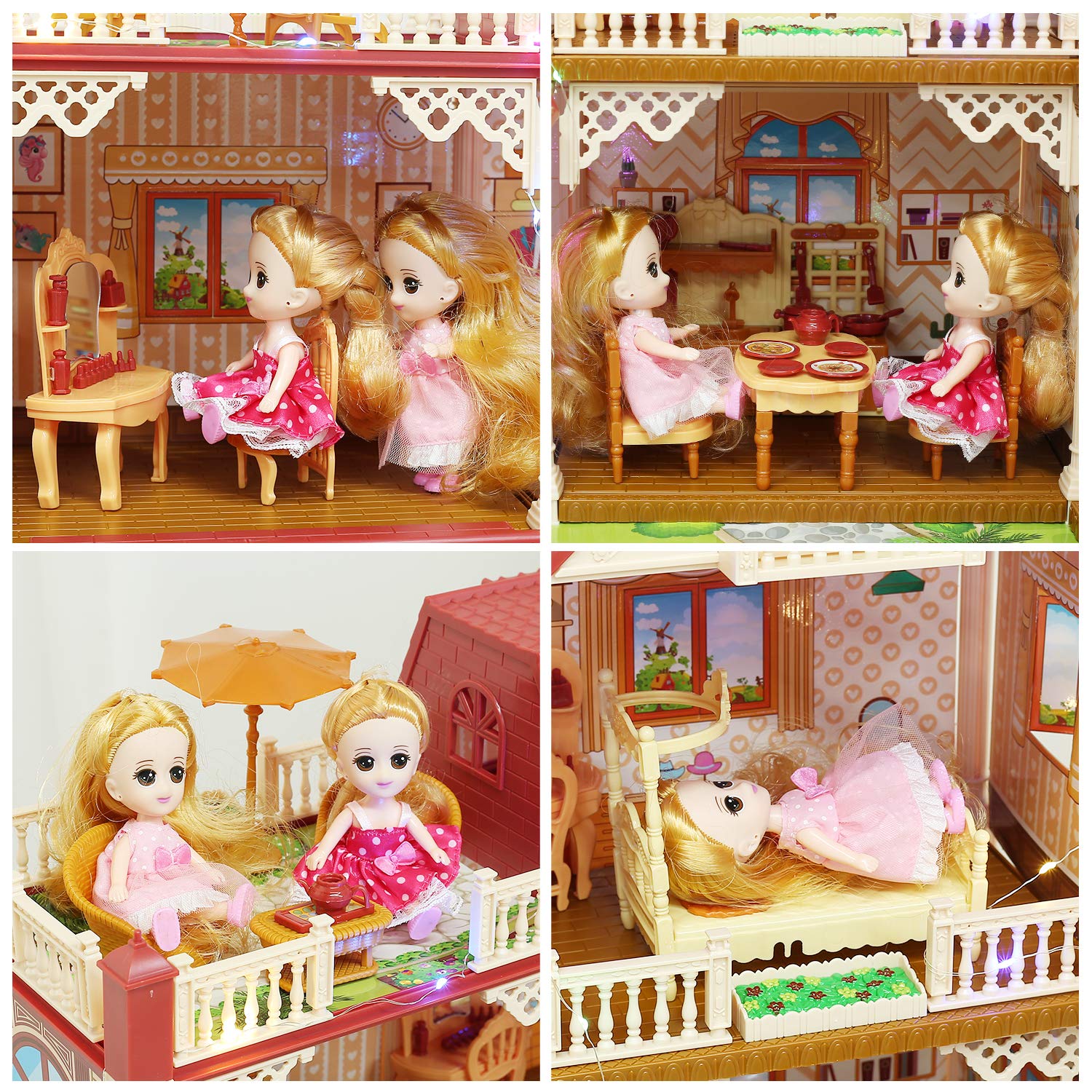 CUTE STONE Huge Dollhouse with 2 Dolls and Colorful Light, 26