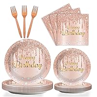 96 Pieces Happy Birthday Tableware Set for Pink Rose Gold Birthday Table Decorations Supplies Rose Gold Birthday Dessert Plates Napkins Forks for Women 24 Guests Birthday Disposable Party Favors