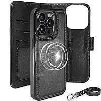 iPhone 15 Pro Wallet Case with Card Holder, Detachable Strong Magnetic Leather Flip Case, Compatible with MagSafe Wireless Charging, Kickstand Shockproof Cover 6.1 Inch, Black