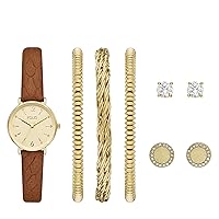 Women's Gold and Brown Vegan Leather Strap Watch, Bracelet and Earring Gift Set (Model: FMDFL2052)