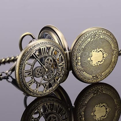 SIBOSUN Pocket Watch Skeleton Mechanical Double Case Hand-Wind Roman Numerals Antique Chain Mens