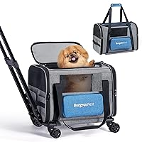BurgeonNest Cat Carrier with Wheels, Pet Carrier for Dogs 25 lbs with Telescopic Handle, Small Dog Carrier with Wheels Removable, Soft Rolling Cat Carrier with Large Pocket for Travel Vet Visits