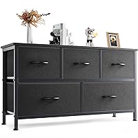 Dresser for Bedroom with 5 Fabric Drawers, Small Chest Organizer Units for Clothing, Closet, Kidsroom, Storage Tower with Cabinet, Metal Frame, Wooden Top, Lightweight Nursery Furniture, Black