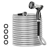 50ft 304 Stainless Steel Garden Hose Metal, Heavy Duty Water Hoses with Nozzles for Yard, Outdoor - Flexible, Never Kink & Tangle, Puncture Resistant (Sliver)