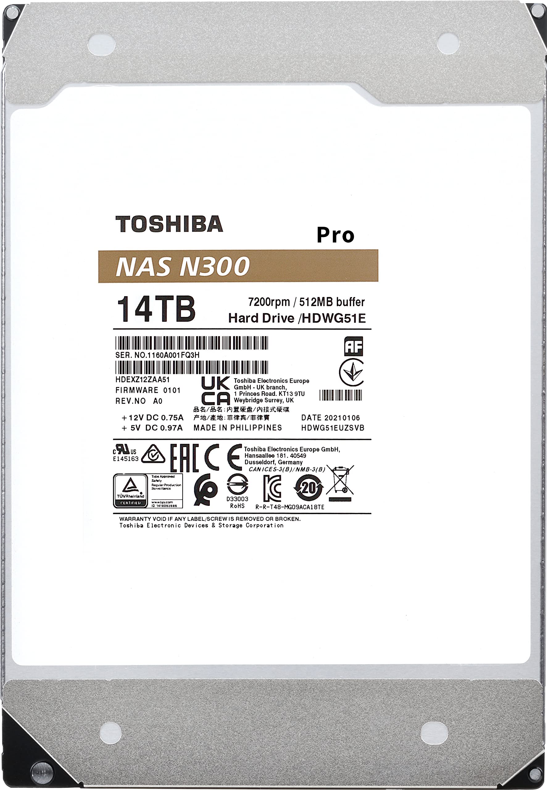 Toshiba N300 PRO 14TB Large-Sized Business NAS (up to 24 bays) 3.5-Inch Internal Hard Drive - Up to 300 TB/year Workload Rate CMR SATA 6 GB/s 7200 RPM 512 MB Cache - HDWG51EXZSTB