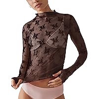 Ugerlov Women's Long Sleeve Mesh Top Mock Neck Sheer Blouse See Through Floral Lace Tops