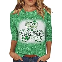 St Patricks Day Shirt for Women 3/4 Sleeve Tops Loose Crew Neck Tees Graphic Pullover Casual T-Shirt Prited Blouses