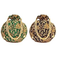 Indian Embroidered Green & Black Potli Bag with Pearls Handle Purse Party Wear Ethnic Clutch for Women Combo of 2