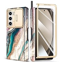 GVIEWIN Marble for Samsung Galaxy Z Fold 5 Case, with Built-in S Pen Slot, Slide Camera Lens Cover, Screen Protector, Hinge Protection, Full Body Protection Phone Case 2023 (Drift Sand/Brown)