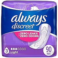 Always Discreet Adult Incontinence & Postpartum Pads for Women, Size 3, Light Absorbency, Regular Length, 30 Count x 3 Packs (90 Count total) (Packaging May Vary)