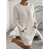 TLULY Sweater Dress for Women Solid Drop Shoulder Kangaroo Pocket Sweater Dress Sweater Dress for Women (Color : White, Size : X-Small)