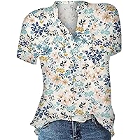 Women's Summer Tops Casual Printed V-Neck Short Sleeved Shirt Pullover Loose Blouse Tops, S-3XL