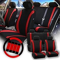 Car Seat Covers Cosmopolitan Flat Cloth Full Set Seat Covers, Car Accessories Red Combo Steering Wheel Cover and Seat Belt Pads Airbag and Split Rear Universal Fit for Cars Vans Truck