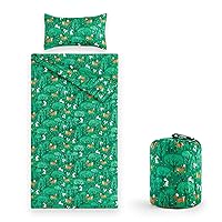 Wake In Cloud - Sleeping Bag for Kids Toddlers, Portable Compact Lightweight Backpacking Nap Mat with Pillow and Blanket, for Girls, Green Forest with Foxes Rabbits Animals, 55
